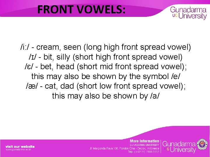 FRONT VOWELS: /i: / - cream, seen (long high front spread vowel) /ɪ/ -