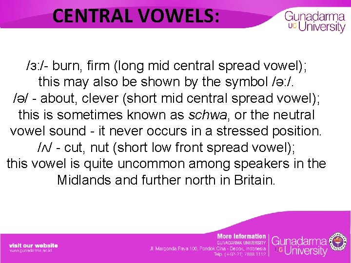 CENTRAL VOWELS: /ɜ: /- burn, firm (long mid central spread vowel); this may also