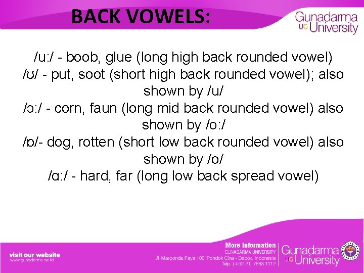 BACK VOWELS: /u: / - boob, glue (long high back rounded vowel) /ʊ/ -