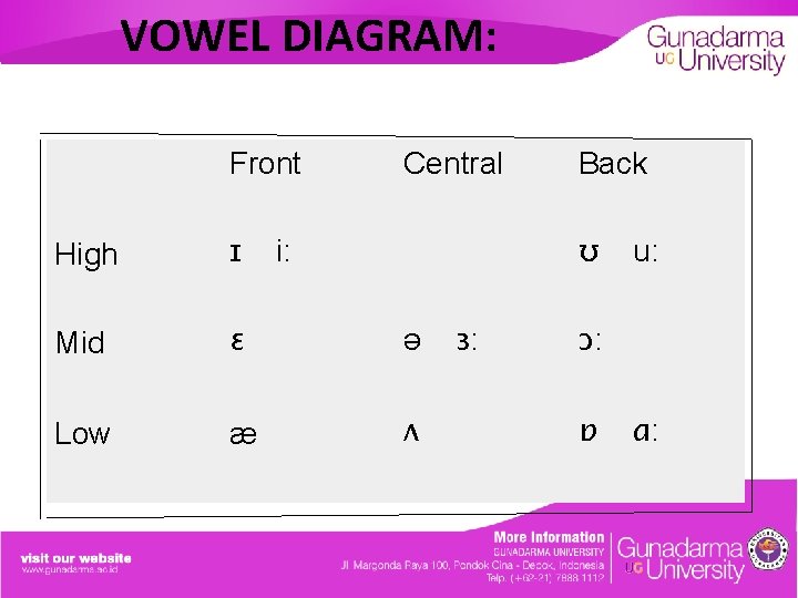 VOWEL DIAGRAM: Front Central Back High ɪ i: ʊ u: Mid ɛ ə ɜ: