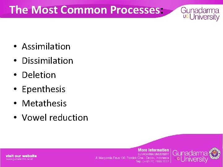 The Most Common Processes: • • • Assimilation Dissimilation Deletion Epenthesis Metathesis Vowel reduction