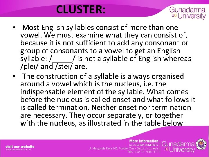 CLUSTER: • Most English syllables consist of more than one vowel. We must examine