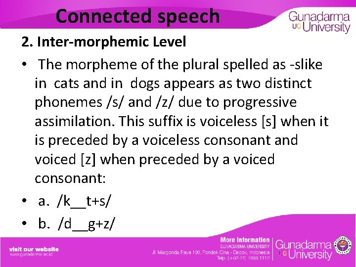 Connected speech 2. Inter-morphemic Level • The morpheme of the plural spelled as -slike