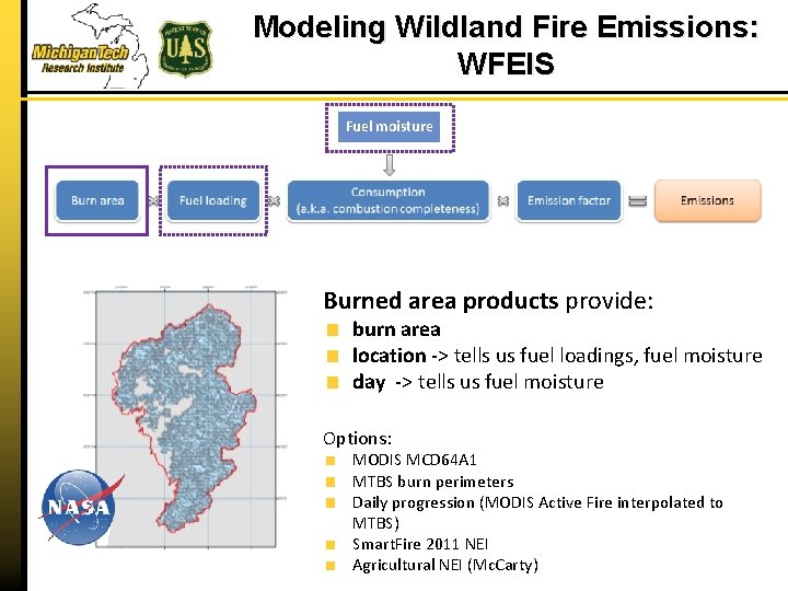 Modeling Wildland Fire Emissions: WFEIS Fuel moisture Burned area products provide: burn area location