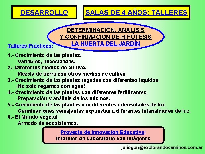 DESARROLLO Talleres Prácticos: SALAS DE 4 AÑOS: TALLERES DETERMINACIÓN, ANÁLISIS Y CONFIRMACIÓN DE HIPÓTESIS