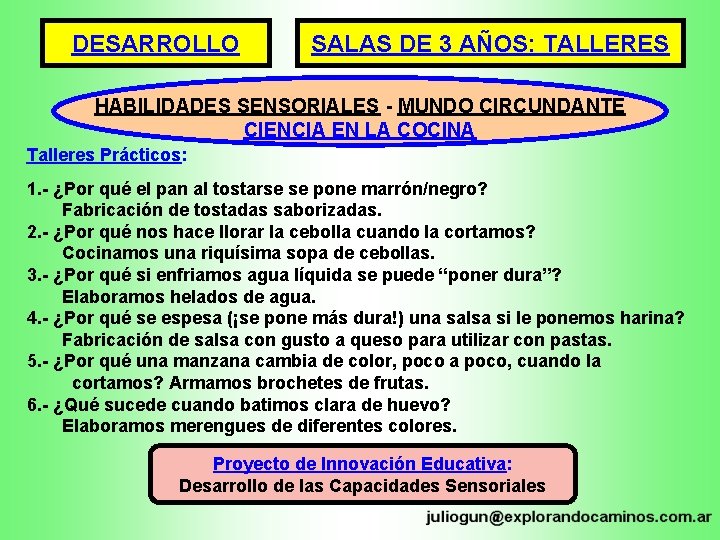 DESARROLLO SALAS DE 3 AÑOS: TALLERES HABILIDADES SENSORIALES - MUNDO CIRCUNDANTE CIENCIA EN LA