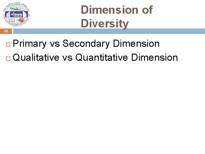 20 Dimension of Diversity Primary vs Secondary Dimension Qualitative vs Quantitative Dimension 