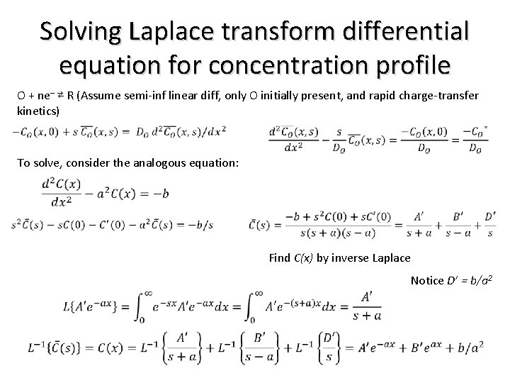 Solving Laplace transform differential equation for concentration profile O + ne– ⇄ R (Assume