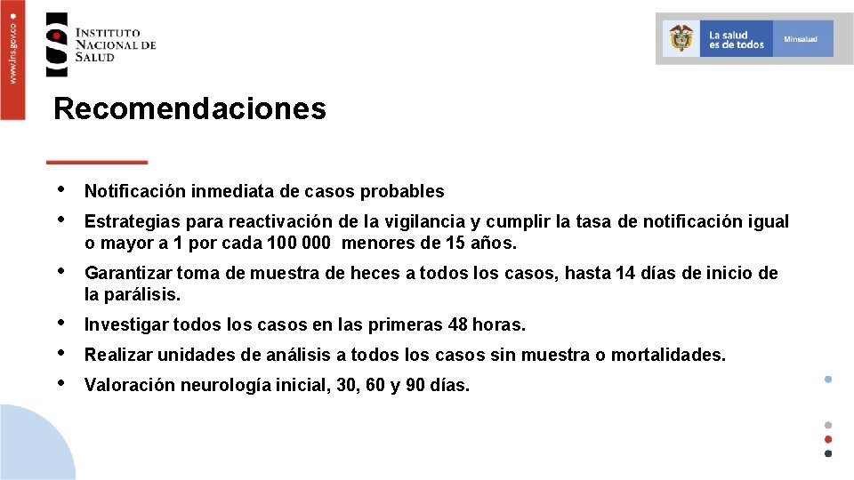 Recomendaciones • • Notificación inmediata de casos probables • Garantizar toma de muestra de