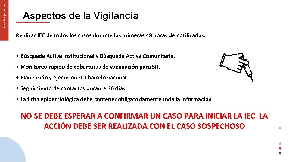 Aspectos de la Vigilancia Realizar IEC de todos los casos durante las primeras 48
