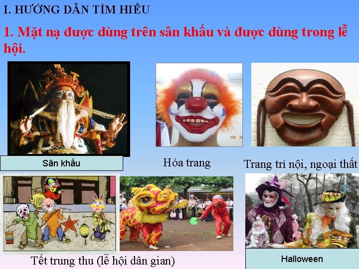 I. HƯỚNG DẪN TÌM HIỂU 1. Mặt nạ được dùng trên sân khấu và