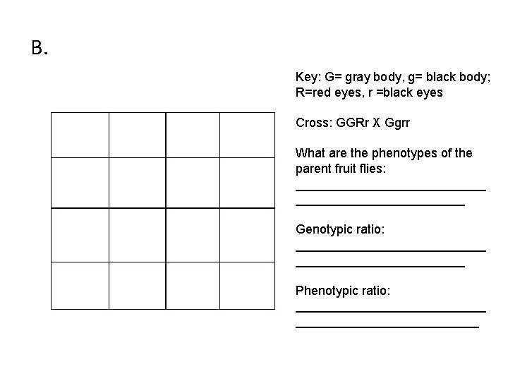 B. Key: G= gray body, g= black body; R=red eyes, r =black eyes Cross: