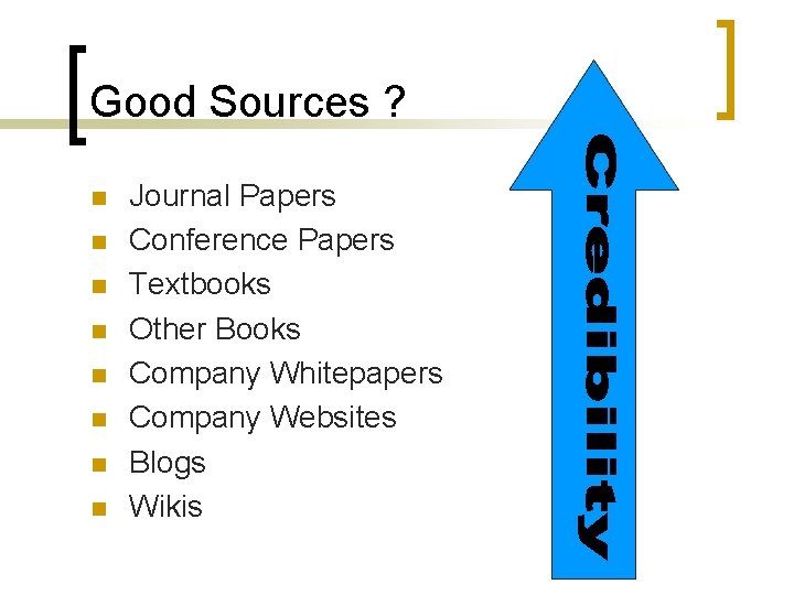 Good Sources ? n n n n Journal Papers Conference Papers Textbooks Other Books