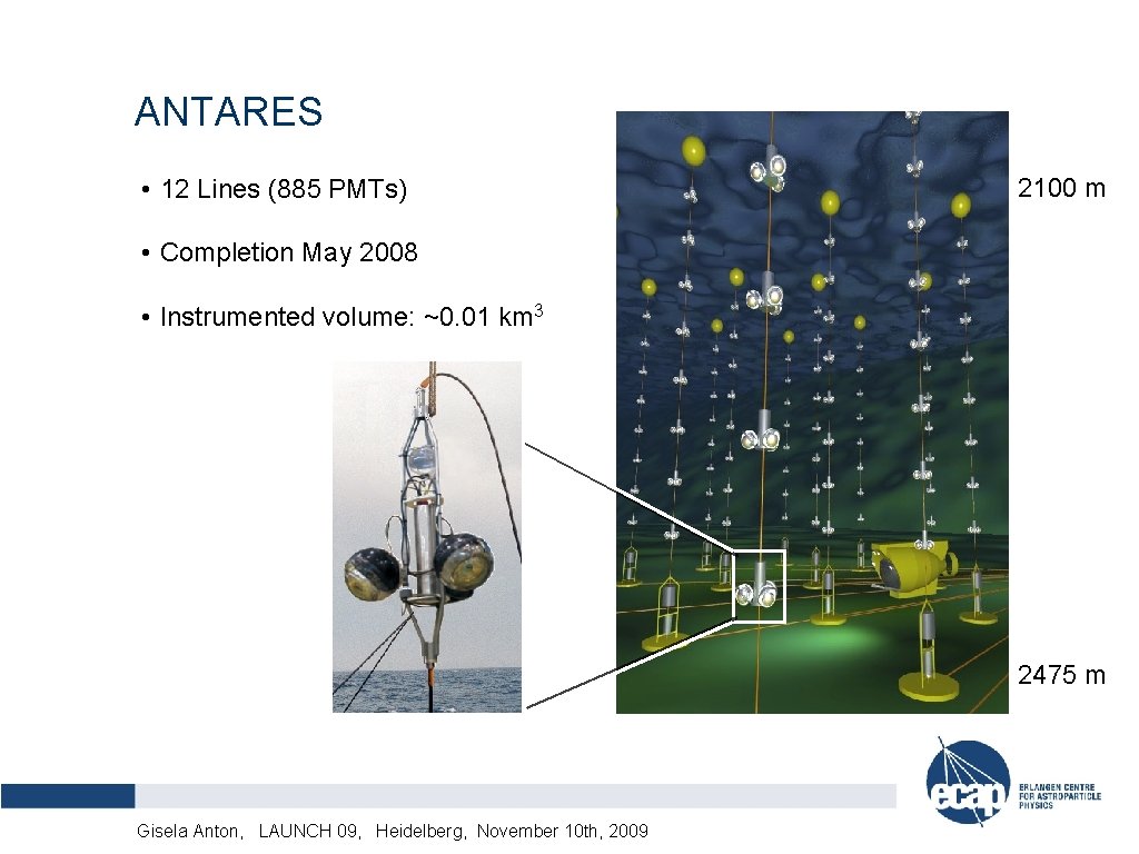 ANTARES 2100 m • 12 Lines (885 PMTs) • Completion May 2008 • Instrumented