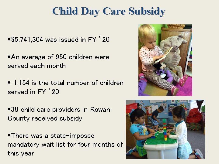 Child Day Care Subsidy §$5, 741, 304 was issued in FY ’ 20 §An Child Day Care Subsidy §$5, 741, 304 was issued in FY ’ 20 §An