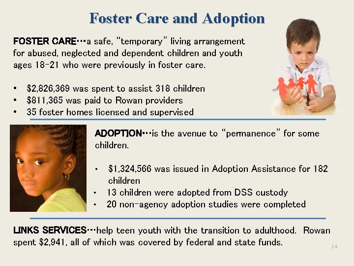 Foster Care and Adoption FOSTER CARE…a safe, “temporary” living arrangement for abused, neglected and Foster Care and Adoption FOSTER CARE…a safe, “temporary” living arrangement for abused, neglected and