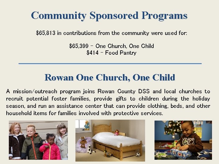 Community Sponsored Programs $65, 813 in contributions from the community were used for: $65, Community Sponsored Programs $65, 813 in contributions from the community were used for: $65,