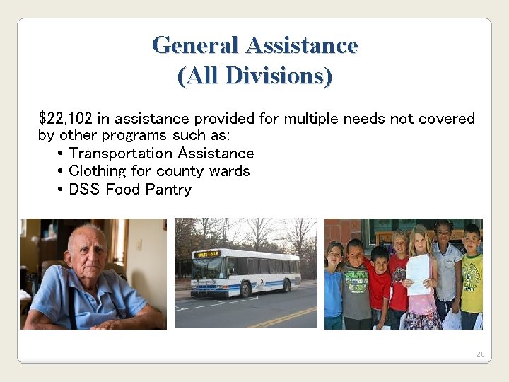 General Assistance (All Divisions) $22, 102 in assistance provided for multiple needs not covered General Assistance (All Divisions) $22, 102 in assistance provided for multiple needs not covered