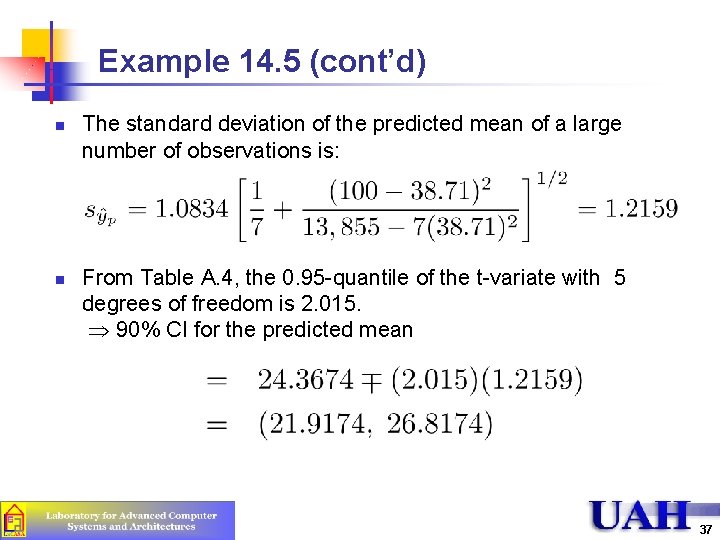 Example 14. 5 (cont’d) n n The standard deviation of the predicted mean of Example 14. 5 (cont’d) n n The standard deviation of the predicted mean of