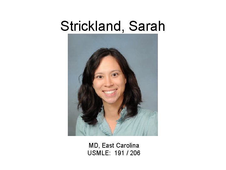 Strickland, Sarah MD, East Carolina USMLE: 191 / 206 
