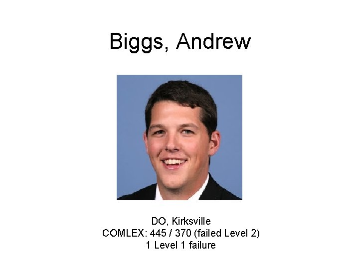 Biggs, Andrew DO, Kirksville COMLEX: 445 / 370 (failed Level 2) 1 Level 1