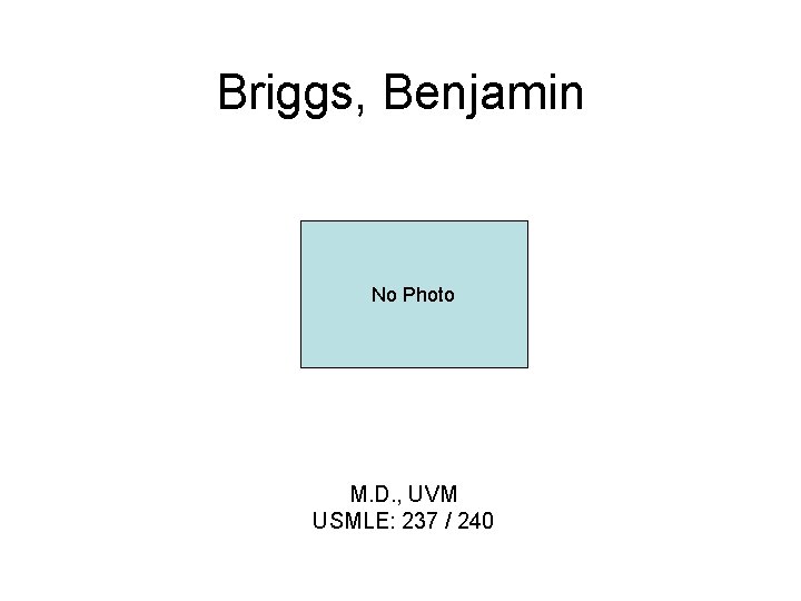 Briggs, Benjamin No Photo M. D. , UVM USMLE: 237 / 240 