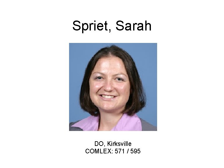 Spriet, Sarah DO, Kirksville COMLEX: 571 / 595 