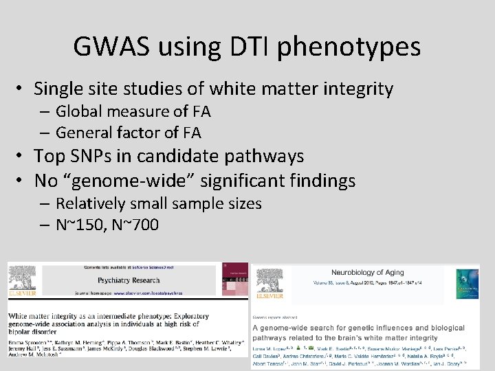 GWAS using DTI phenotypes • Single site studies of white matter integrity – Global