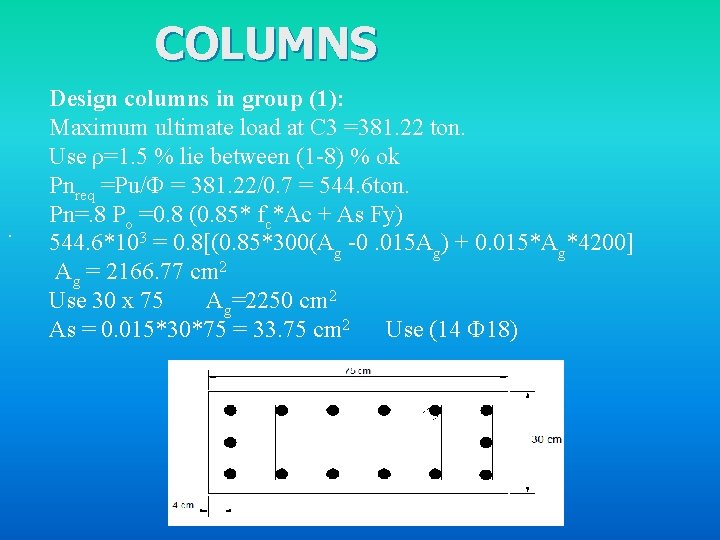 COLUMNS . Design columns in group (1): Maximum ultimate load at C 3 =381.