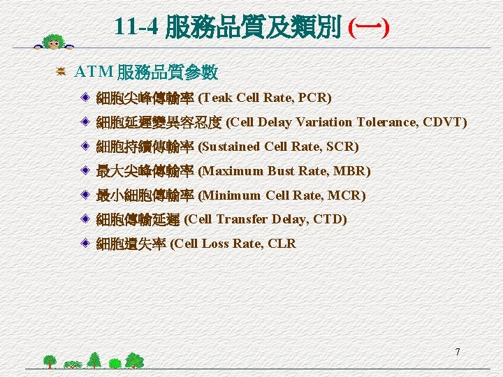 11 -4 服務品質及類別 (一) ATM 服務品質參數 細胞尖峰傳輸率 (Teak Cell Rate, PCR) 細胞延遲變異容忍度 (Cell Delay