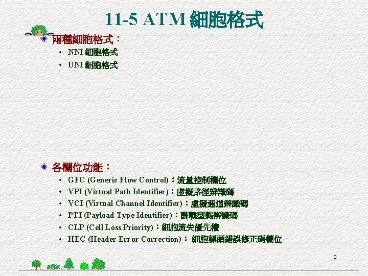 11 -5 ATM 細胞格式 兩種細胞格式： • NNI 細胞格式 • UNI 細胞格式 各欄位功能： • •