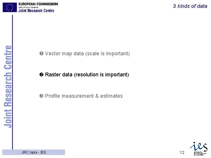 3 kinds of data Vector map data (scale is important) Raster data (resolution is