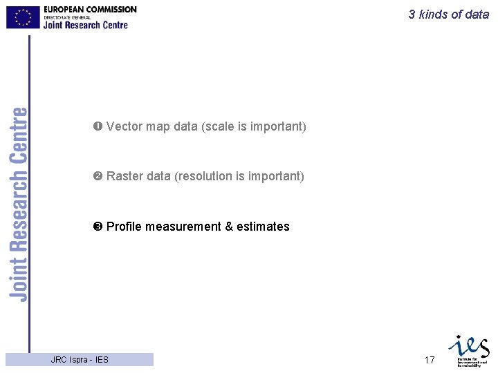 3 kinds of data Vector map data (scale is important) Raster data (resolution is