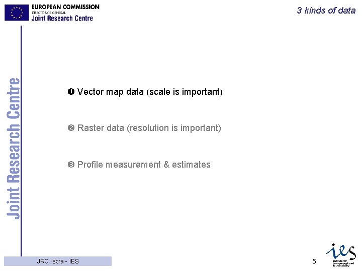 3 kinds of data Vector map data (scale is important) Raster data (resolution is