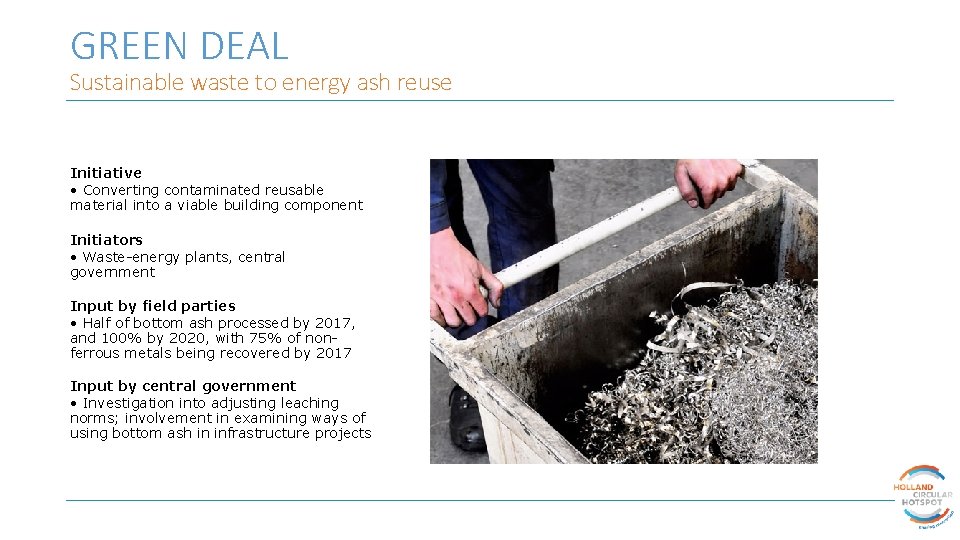 GREEN DEAL Sustainable waste to energy ash reuse Initiative • Converting contaminated reusable material