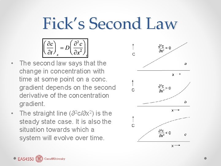 Fick’s Second Law • The second law says that the change in concentration with