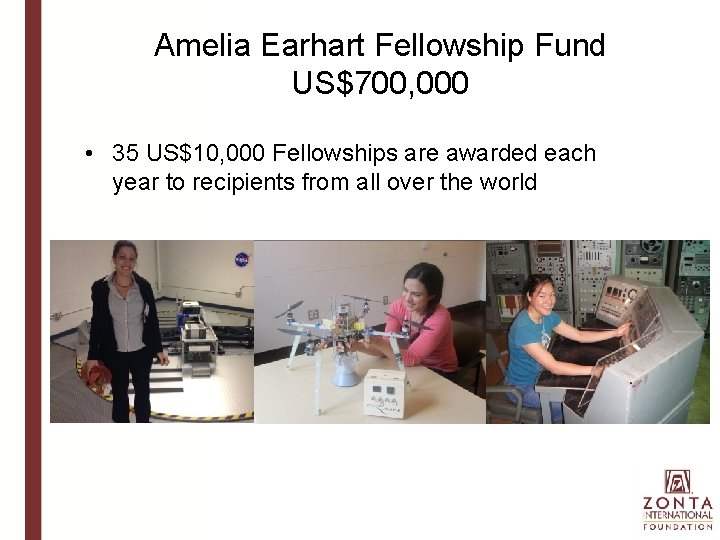 Amelia Earhart Fellowship Fund US$700, 000 • 35 US$10, 000 Fellowships are awarded each