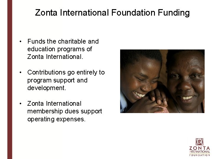 Zonta International Foundation Funding • Funds the charitable and education programs of Zonta International.