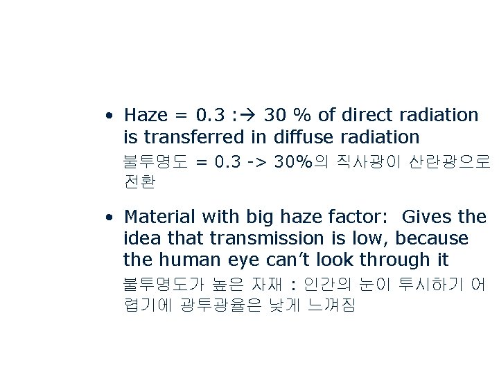  • Haze = 0. 3 : 30 % of direct radiation is transferred