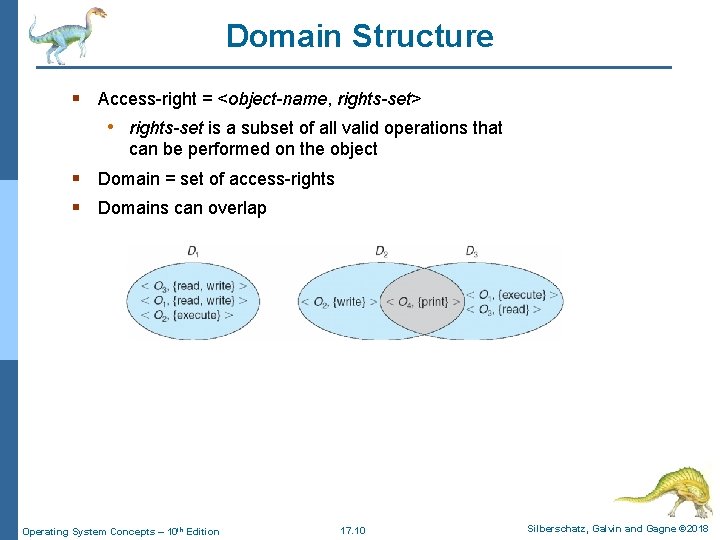 Domain Structure § Access-right = <object-name, rights-set> • rights-set is a subset of all