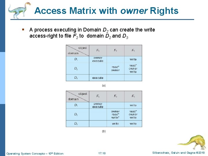 Access Matrix with owner Rights § A process executing in Domain D 2 can