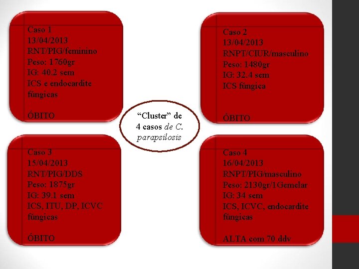 Caso 1 13/04/2013 RNT/PIG/feminino Peso: 1760 gr IG: 40. 2 sem ICS e endocardite