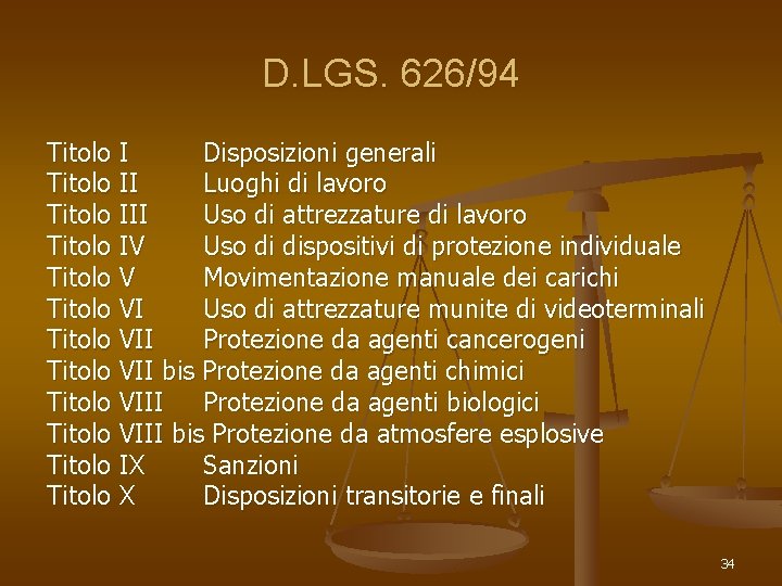 D. LGS. 626/94 Titolo I Disposizioni generali Titolo II Luoghi di lavoro Titolo III