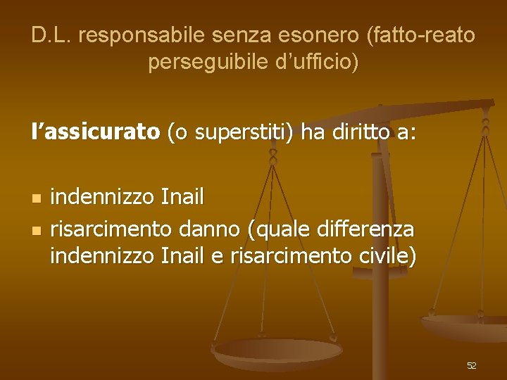 D. L. responsabile senza esonero (fatto-reato perseguibile d’ufficio) l’assicurato (o superstiti) ha diritto a: