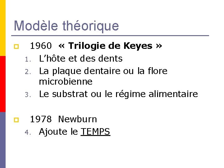 Modèle théorique p 1960 « Trilogie de Keyes » 1. L’hôte et des dents Modèle théorique p 1960 « Trilogie de Keyes » 1. L’hôte et des dents