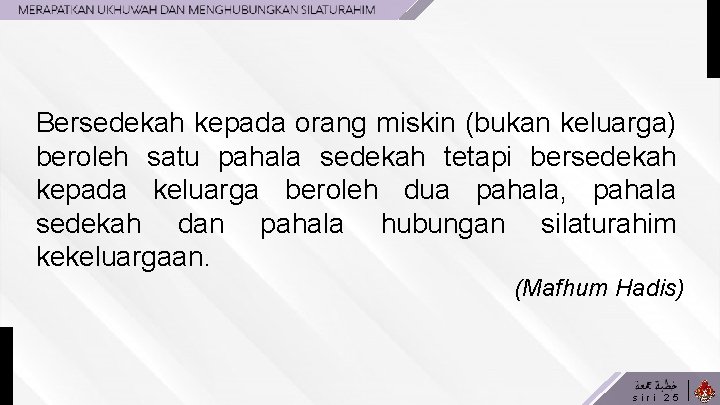 Bersedekah kepada orang miskin (bukan keluarga) beroleh satu pahala sedekah tetapi bersedekah kepada keluarga