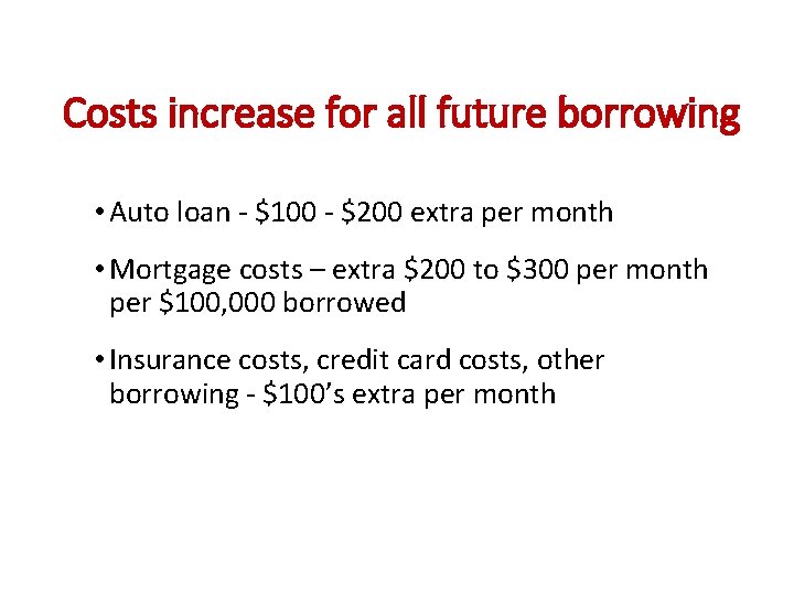 Costs increase for all future borrowing • Auto loan - $100 - $200 extra