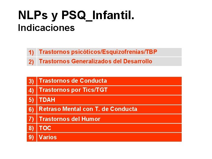 NLPs y PSQ_Infantil. Indicaciones 1) Trastornos psicóticos/Esquizofrenias/TBP 2) Trastornos Generalizados del Desarrollo 3) Trastornos