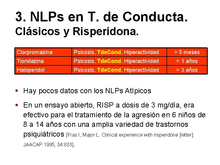 3. NLPs en T. de Conducta. Clásicos y Risperidona. Clorpromazina Psicosis, Tde. Cond, Hiperactividad