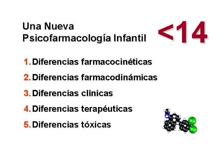 Una Nueva Psicofarmacología Infantil <14 1. Diferencias farmacocinéticas 2. Diferencias farmacodinámicas 3. Diferencias clínicas